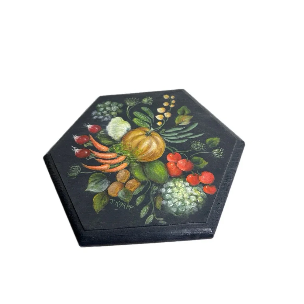 Vintage Fruit Hand Painted Country Farmhouse Folk Art Wooden Treasure Box Signed